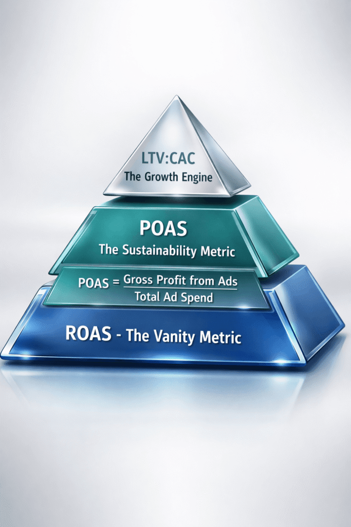 Marketing metrics pyramid comparing ROAS, POAS, and LTV to CAC ratio, highlighting profitability and sustainable growth in performance marketing