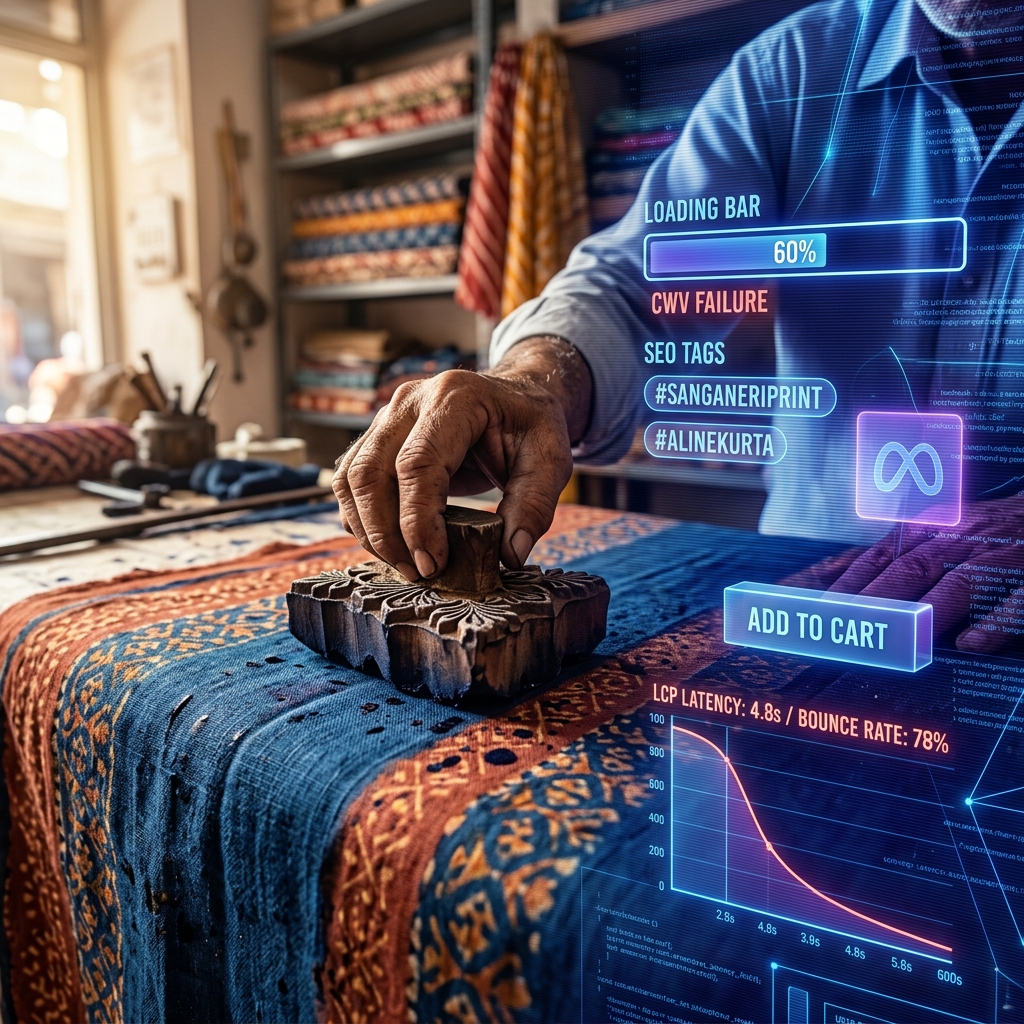 Artisan hand stamping traditional Jaipur fabric with digital e-commerce metrics overlay showing SEO tags, conversion rate issues, and add-to-cart interface